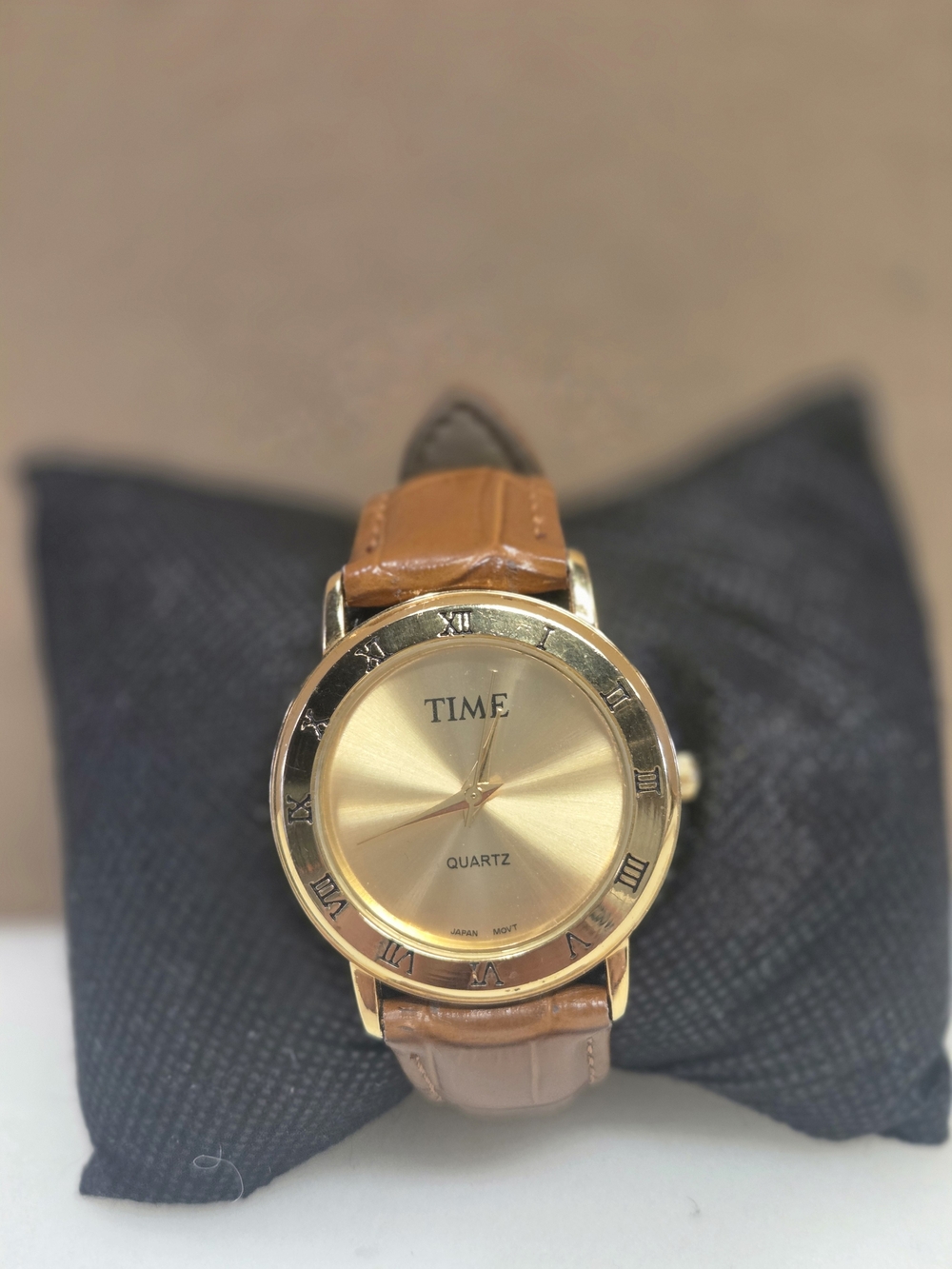 TIME UNISEX Gold Dial Brown Leather Strap Quartz Watch